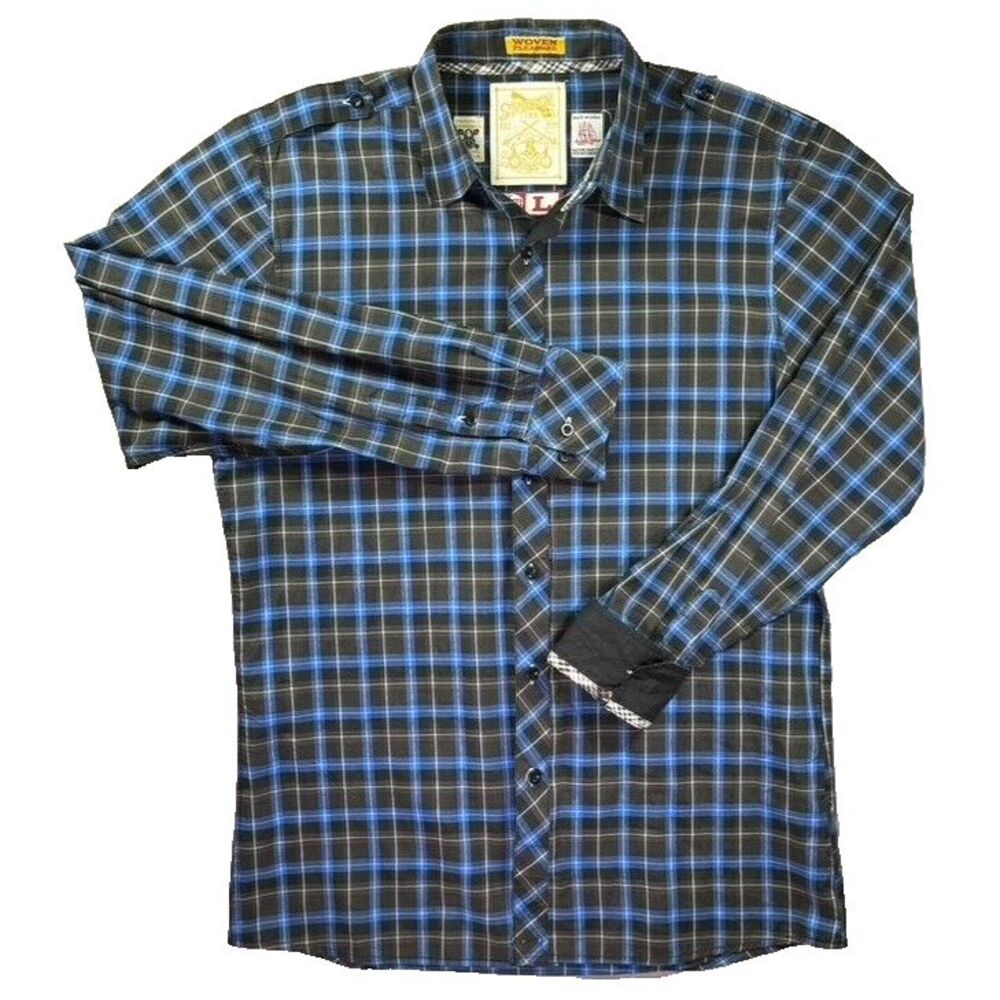 Sovereign Code‎ Shirt Mens L Plaid Blue Flip Cuff Skate Surf Y2K Streetwear USA